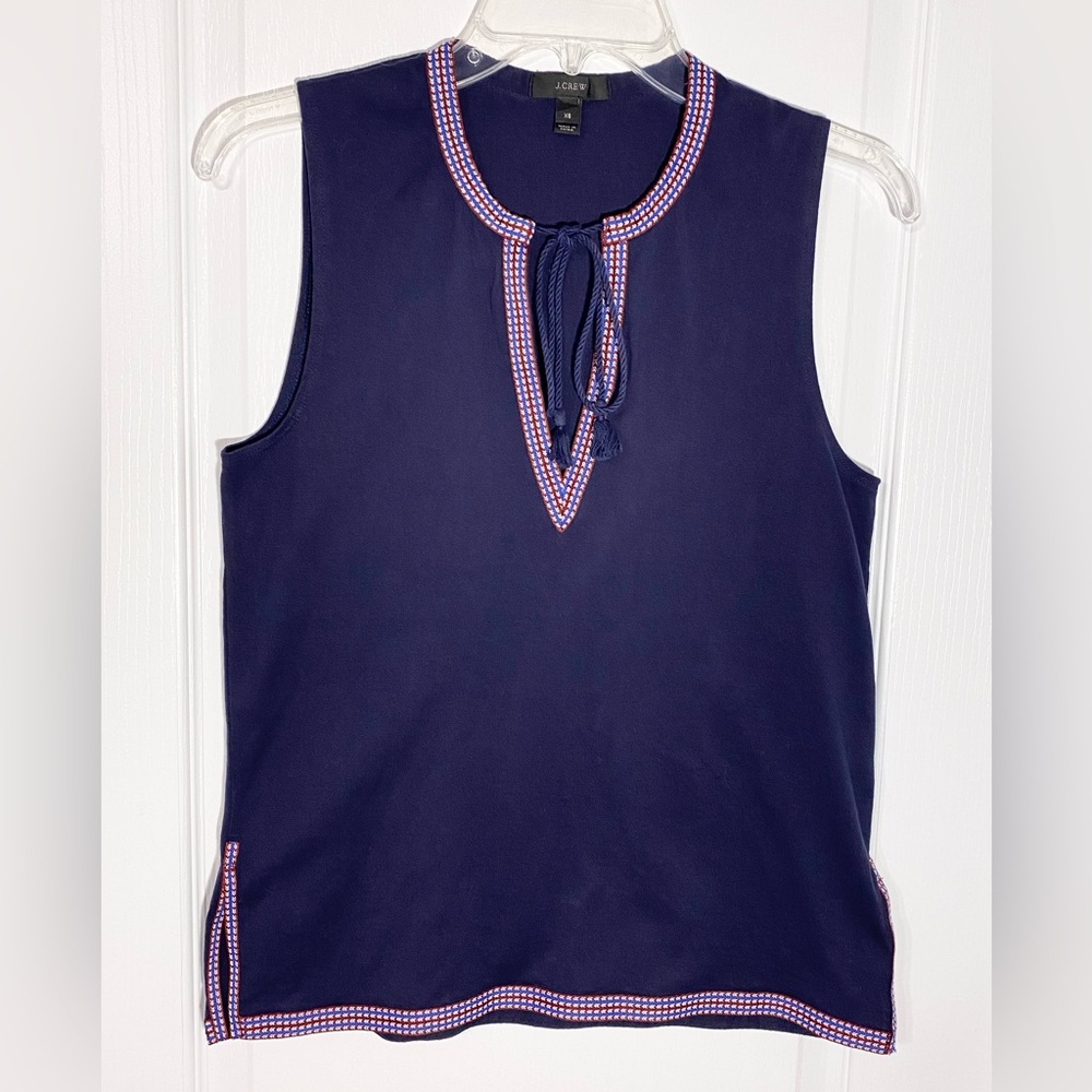 J.Crew Embroidered Trim Rope Tie Neck Sleeveless Tunic Top Navy Red White XS